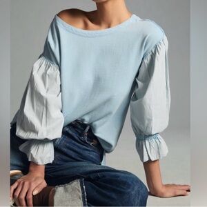 Pilcro Blue and White Asymmetrical Blouse with Puff Sleeves